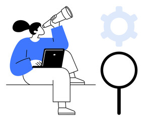 Poster - person holding telescope and laptop, looking ahead. accompanied by gear and magnifying glass shapes.