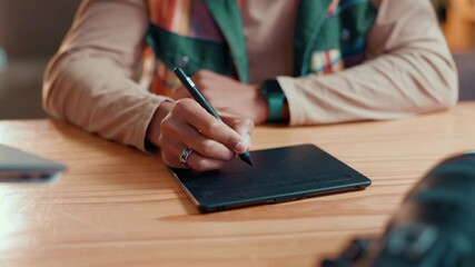 Aufkleber - Person, hands or drawing with tablet for graphic design, digital art or multimedia development. Closeup, creative designer or influencer sketching with pen, technology or software for photo editing