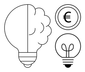 Poster - lightbulb split with brain, smaller classic bulb, and euro coin represent ideas, creativity, innovat