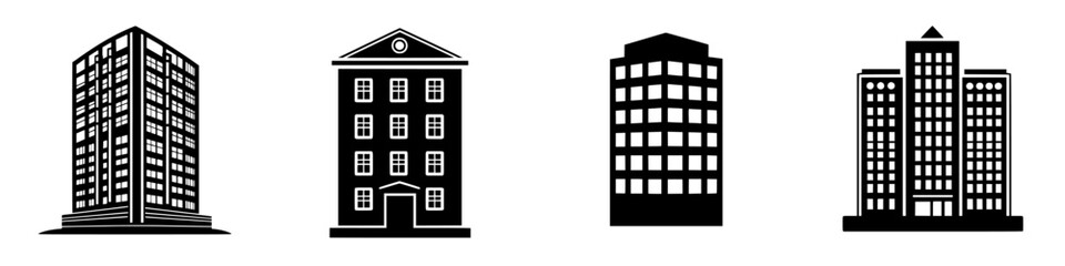 Poster - Vector icons representing diverse building designs including modern high-rises and traditional structures in a minimalist style