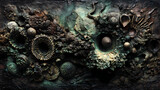 cover design for speculative fiction | symbolic entropy | ritual intensity | mud brown and moss green | organic visual chaos | ritual objects | fantastic organism layering | grattage | naturalist