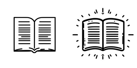 Poster - Vector icons of an open book and a glowing open book showcasing designs for educational projects, reading resources, or literary themes