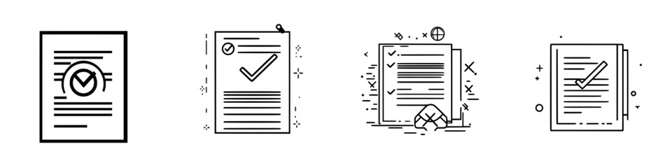 Poster - Black vector icons representing documents with checkmarks and symbols for completion and verification in a minimalist style