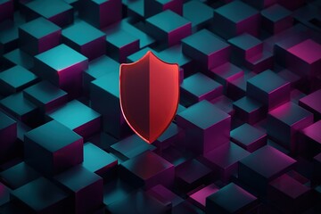 Poster - Abstract design featuring a red shield on geometric blocks with neon lighting in a digital environment