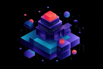 Poster - Colorful abstract geometric design featuring layered shapes and digital elements on a black background