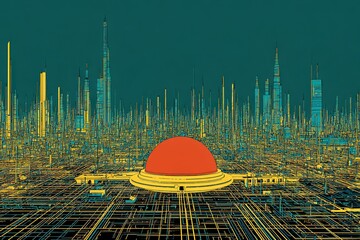 Poster - Futuristic cityscape with vibrant colors and intricate designs showcasing a dome structure under a teal sky