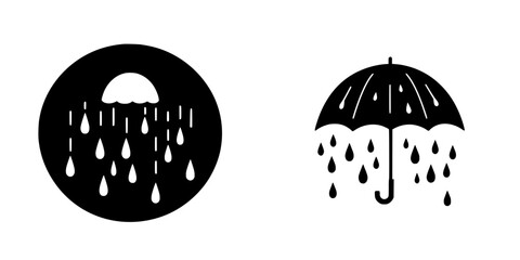 Poster - Black vector icons illustrating rain and an umbrella captured in a minimalist style, suitable for weather-related designs or applications