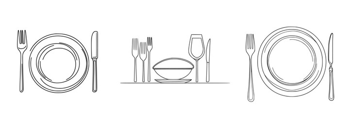 Poster - Elegant black vector icons of dining table settings with cutlery and plates arranged for a formal meal