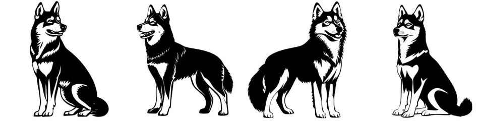 Poster - Black vector icons of Siberian Huskies in various poses showcasing their playful and loyal nature