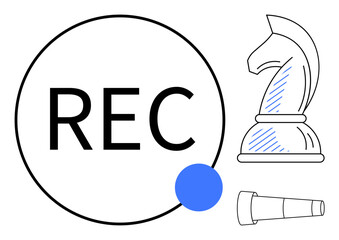 Poster - rec circle with blue dot, chess knight emblem, and telescope representing strategy, recording, focus