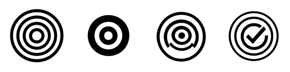 Poster - Vector black icons representing concentric circles and verification symbols with clear design for digital applications and user interfaces