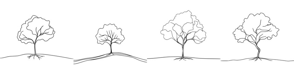 Poster - Set of black vector icons depicting various tree designs on ground