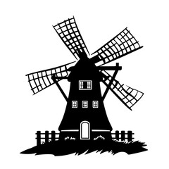 Poster - Vector icon of a windmill with spinning blades in a rural setting