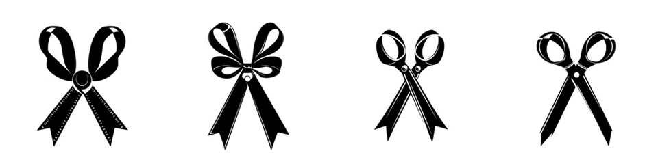 Poster - Black vector icons of ribbons and scissors designed for various decoration and craft activities in a minimalist style