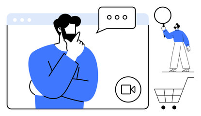 Poster - person thinking on browser screen with chat icon, another holding balloon, and shopping cart. ideal 