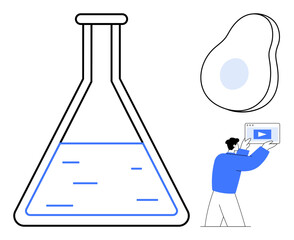 Poster - man holding and presenting video content amid a laboratory flask filled with liquid and an abstract 