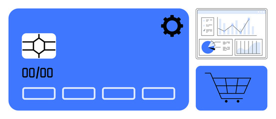 Poster - credit card with chip, analytics dashboard showing charts, and shopping cart. ideal for fintech, e-c