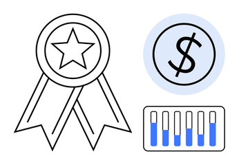 Poster - starred award ribbon, dollar sign in a blue circle, and bar chart with blue sections illustrating re