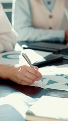 Leinwandbilder - Hands, person and writing on graph document for financial planning, budget and profit stats. People, notes and paperwork to calculate revenue, finance charts and sales information for company growth