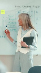 Poster - Mature woman, presentation and whiteboard in business meeting for graph, chart or statistics. Female person, employee or speaker with company performance for data review or progress at workplace