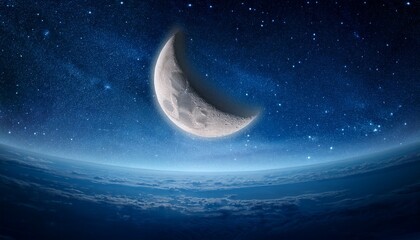 Wall Mural - moon waxing crescent and grey light against blue starry sky background