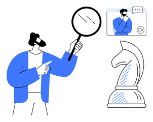Poster - man holding magnifying glass, pointing at a chess knight while engaging in a video call. ideal for s