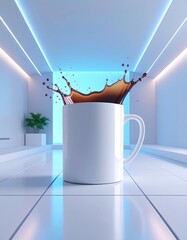 Poster - Coffee Splash in White Mug Minimalist Kitchen Setting with Blue Neon Lights