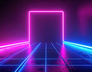 Poster - Cyberpunk Neon Grid Background with Pink and Blue Glowing Square Portal
