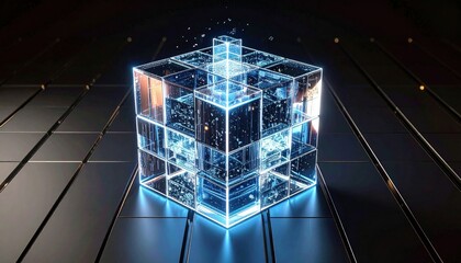 Poster - Decomposing Holographic Cube: Blue Light and Transparent Fragments on Dark Surface