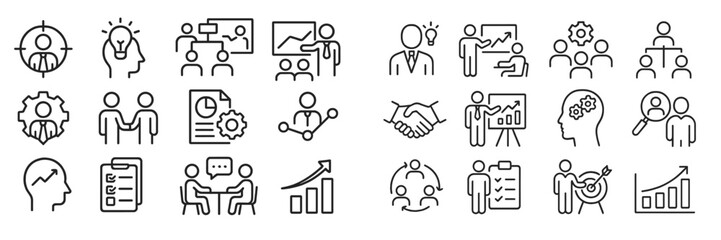 Poster - Business professionals collaborating on project development with growth and innovation concepts illustrated in simple line art style