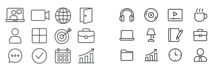 Poster - Collection of minimalistic icons representing various aspects of digital communication and productivity tools in a modern workspace