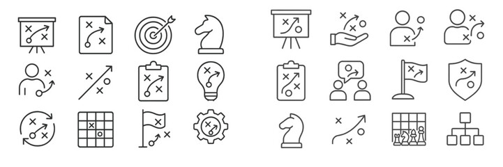 Poster - Strategy and planning symbols represented in outline icons for visual communication and creative design