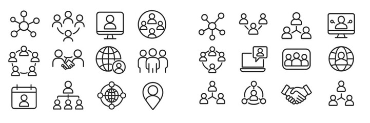 Poster - Collection of minimalistic icons representing social connections, teamwork, and technology in a modern design