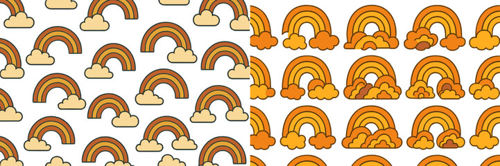 Poster - Colorful rainbow patterns showcasing cheerful designs with clouds on a bright background