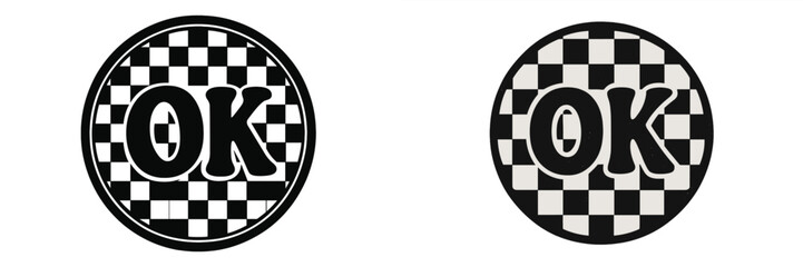 Poster - Unique circular designs featuring bold OK text surrounded by checkered patterns in contrasting colors