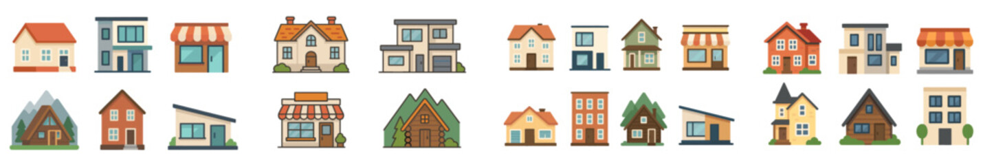 Poster - Colorful illustrations of various houses and buildings showcasing diverse architectural styles over a white background