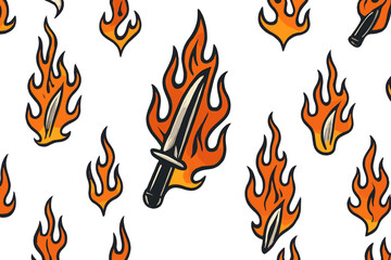 Poster - Dynamic design featuring flaming knives on a white background suitable for bold graphic art projects