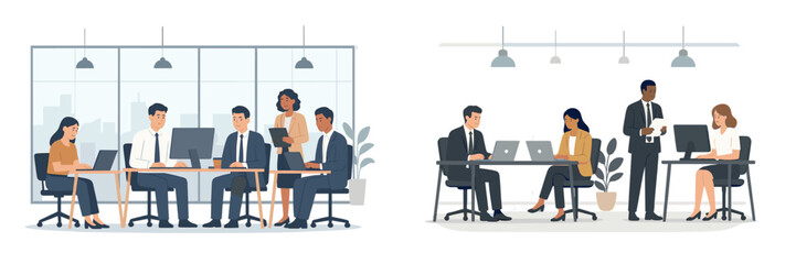 Poster - Six professionals collaborate and engage in discussions in a modern office setting during a productive daytime meeting