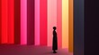 © Uro - economy growth efficiency concept. A solitary figure stands before vibrant, colorful panels in an artful display of light and color.
