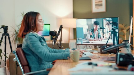 Poster - Woman, influencer and editing video with laptop, screen and production for effects or review. Monitor, tech or smile for content creation, broadcast or freelancer in house for social media podcast