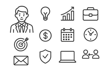 Poster - Business concepts illustrated with symbols representing growth, planning, and communication in a professional setting
