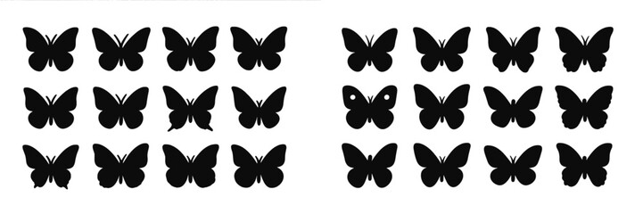 Poster - Multiple black butterfly silhouettes arranged in a symmetrical pattern against a white background