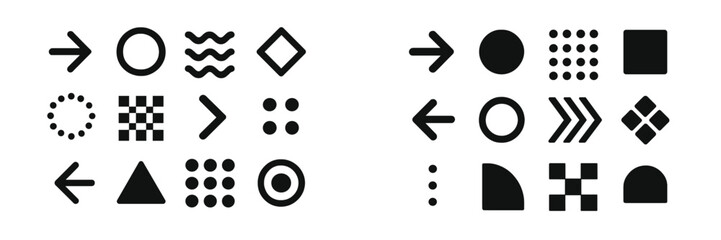 Poster - Geometric patterns featuring various shapes and symbols in black and white on a clean background