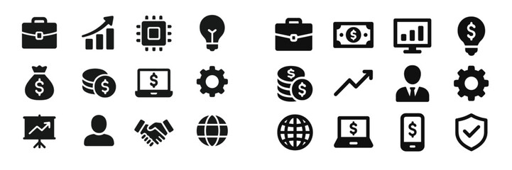 Poster - Business icons representing finance, technology, and teamwork in a minimalist design