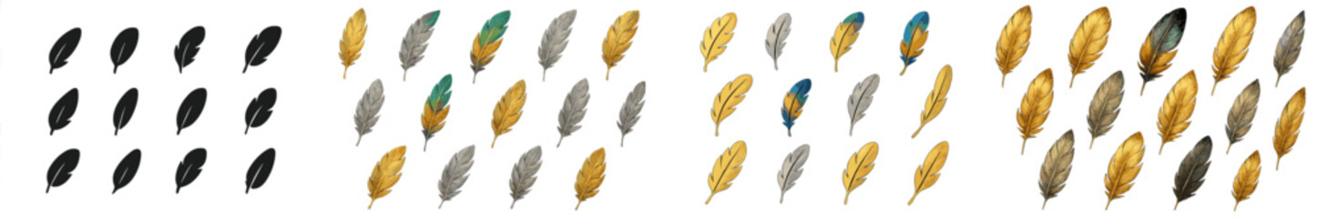 Poster - Various feather designs in black, silver, green, and gold displayed in a creative arrangement