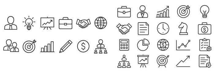 Poster - Diverse set of business and productivity icons illustrating teamwork, strategy, and growth in a corporate environment