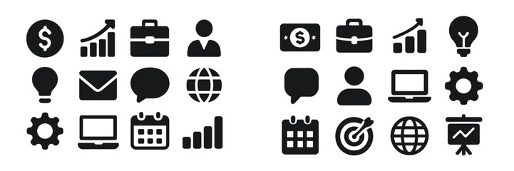 Poster - Collection of business icons representing finance, communication, and planning concepts in black design on a white background