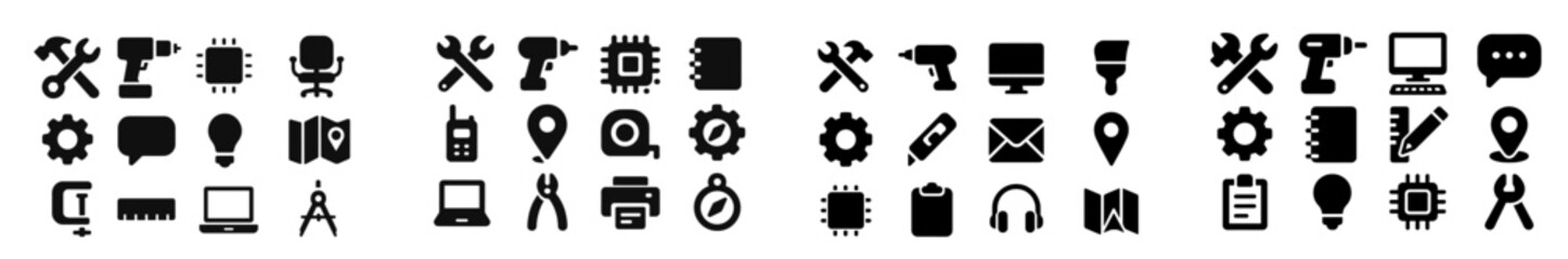Fototapete - Variety of black icons representing different tools, technology, and communication symbols in a modern design