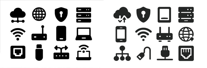 Fototapete - Various technology icons representing networking, security, and data transfer in a minimalist style