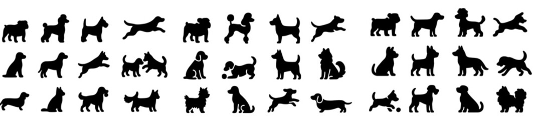 Naklejka na meble Collection of playful dog silhouettes varied in poses and breeds displayed against a white background